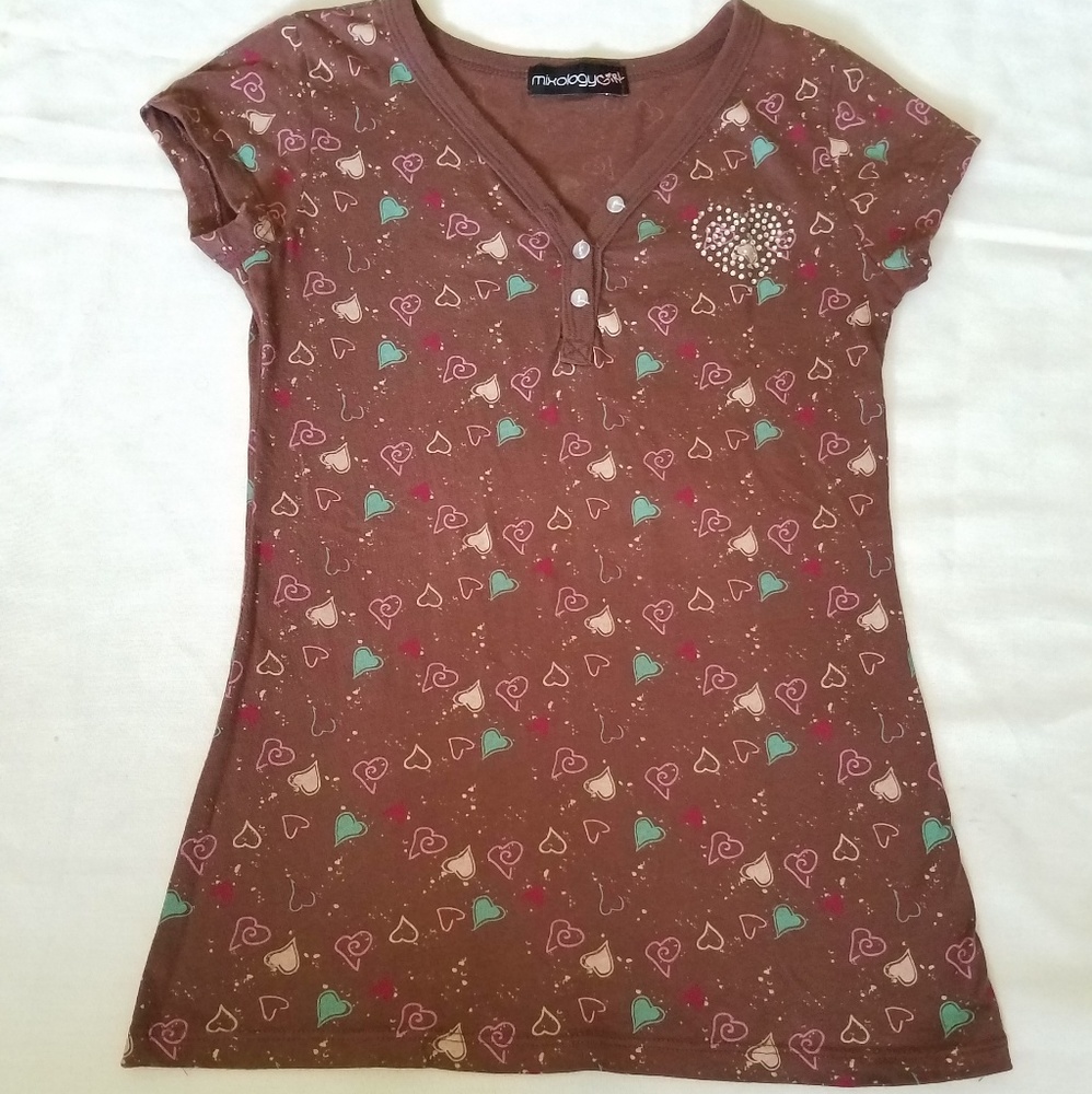 Brown Colorful Hearts Short Sleeves Shirt